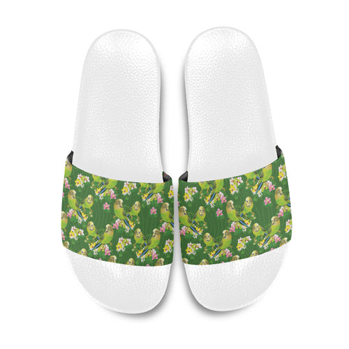 Australia Budgerigars Parakeets Slide Sandals Green And Yellow Bird Seamless Orchids Flowers