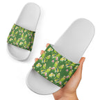 Australia Budgerigars Parakeets Slide Sandals Green And Yellow Bird Seamless Orchids Flowers
