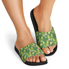 Australia Budgerigars Parakeets Slide Sandals Green And Yellow Bird Seamless Orchids Flowers