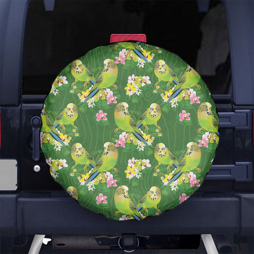 Australia Budgerigars Parakeets Spare Tire Cover Green And Yellow Bird Seamless Orchids Flowers