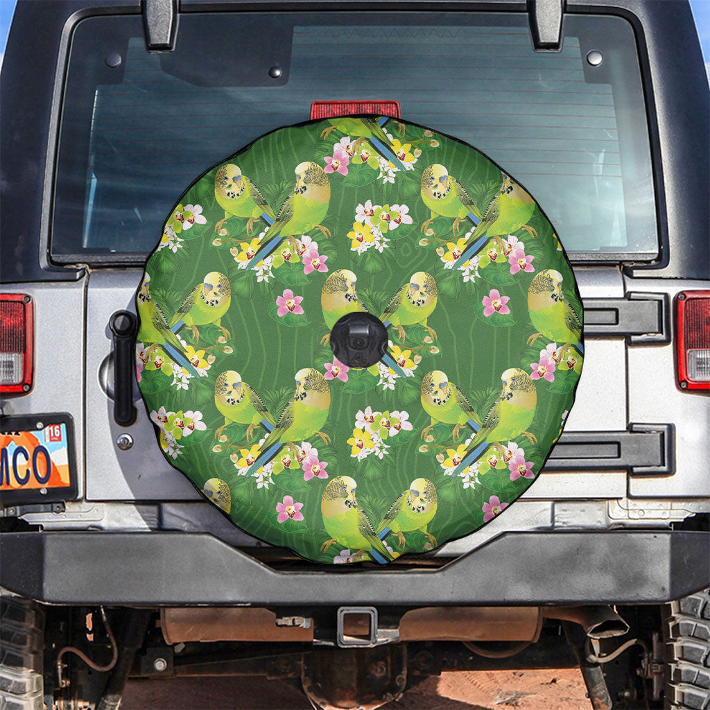 Australia Budgerigars Parakeets Spare Tire Cover Green And Yellow Bird Seamless Orchids Flowers
