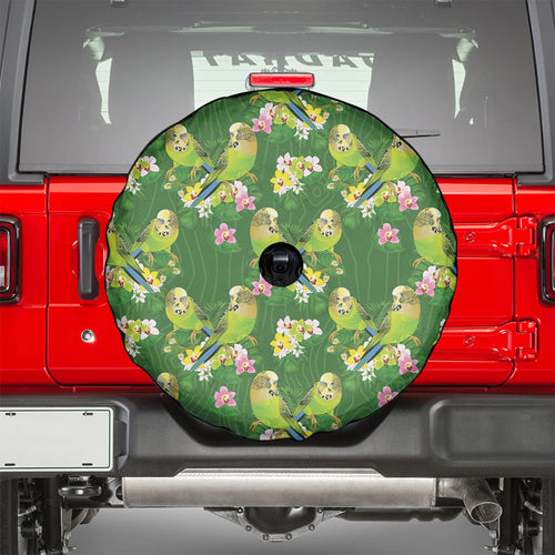 Australia Budgerigars Parakeets Spare Tire Cover Green And Yellow Bird Seamless Orchids Flowers