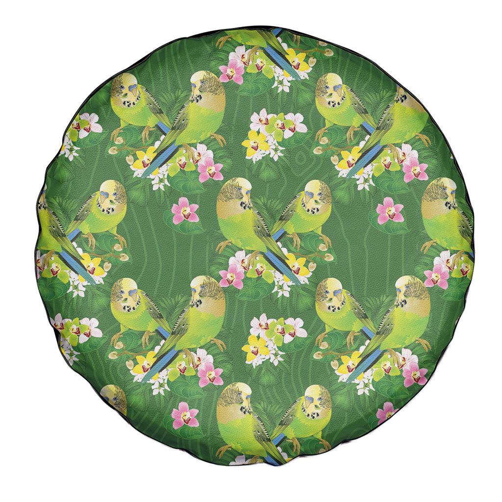 Australia Budgerigars Parakeets Spare Tire Cover Green And Yellow Bird Seamless Orchids Flowers
