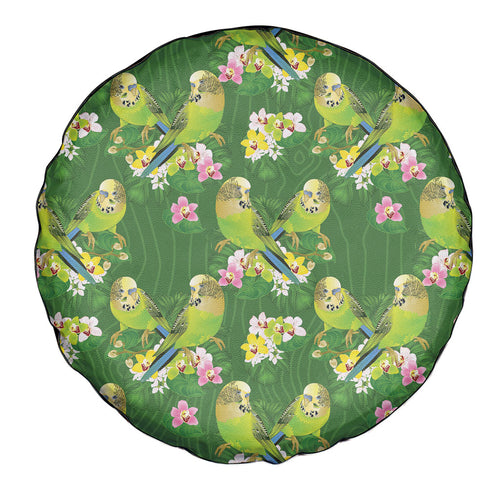 Australia Budgerigars Parakeets Spare Tire Cover Green And Yellow Bird Seamless Orchids Flowers