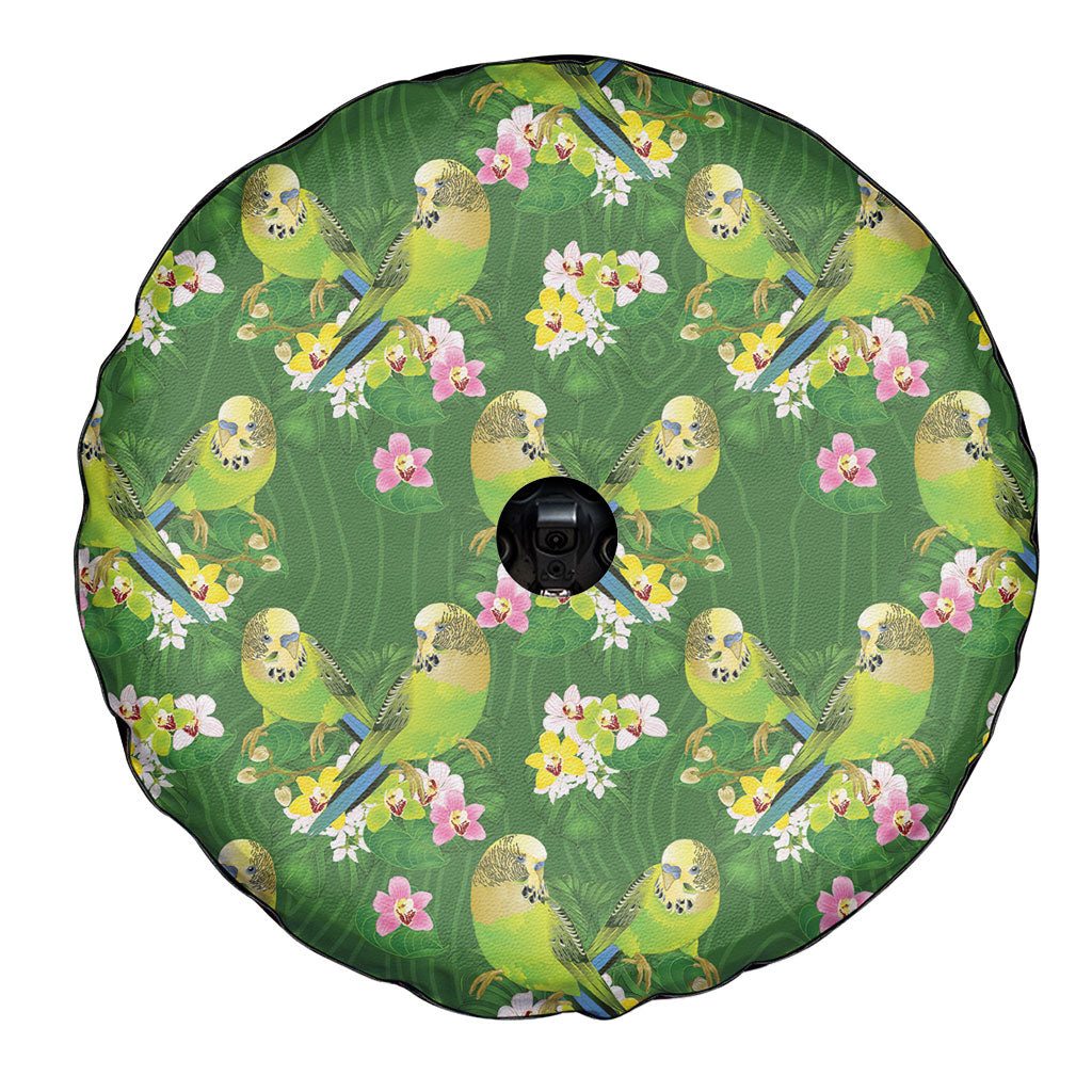 Australia Budgerigars Parakeets Spare Tire Cover Green And Yellow Bird Seamless Orchids Flowers
