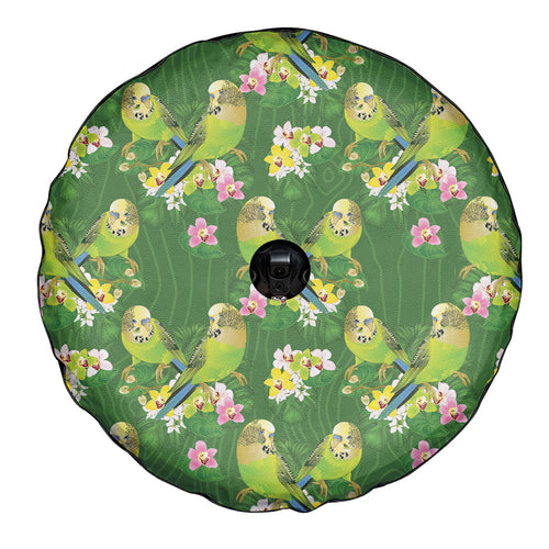 Australia Budgerigars Parakeets Spare Tire Cover Green And Yellow Bird Seamless Orchids Flowers