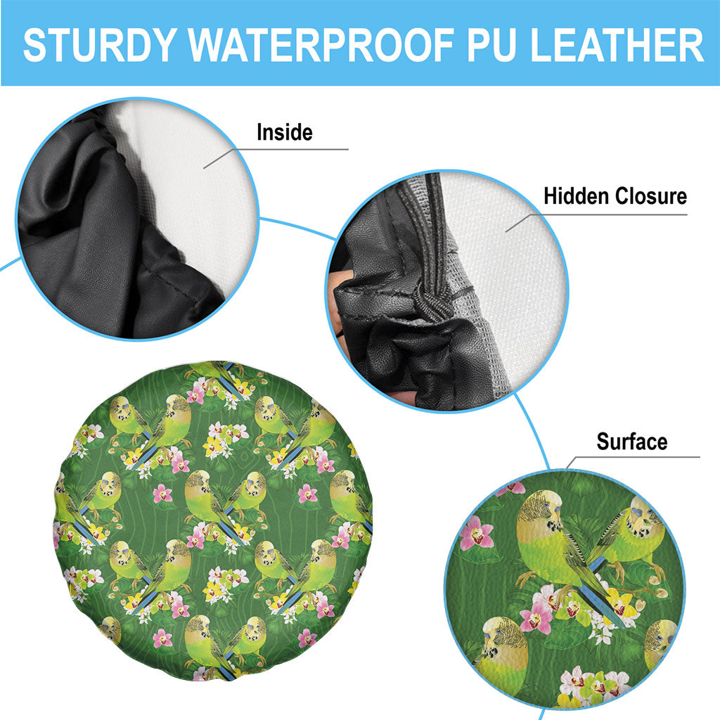 Australia Budgerigars Parakeets Spare Tire Cover Green And Yellow Bird Seamless Orchids Flowers