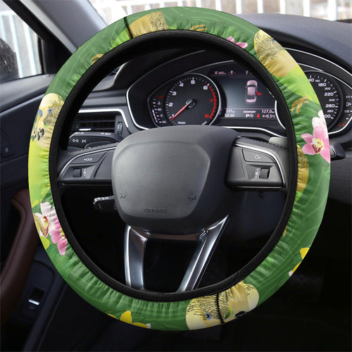 Australia Budgerigars Parakeets Steering Wheel Cover Green And Yellow Bird Seamless Orchids Flowers