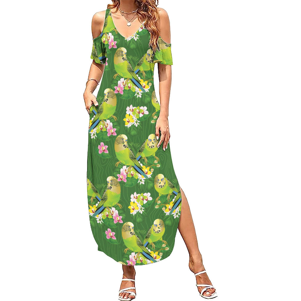 Australia Budgerigars Parakeets Summer Maxi Dress Green And Yellow Bird Seamless Orchids Flowers