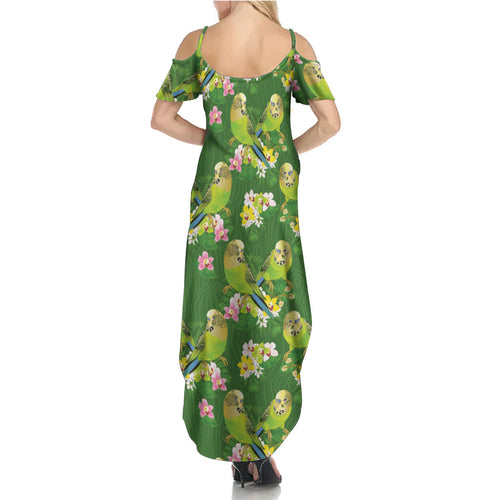 Australia Budgerigars Parakeets Summer Maxi Dress Green And Yellow Bird Seamless Orchids Flowers