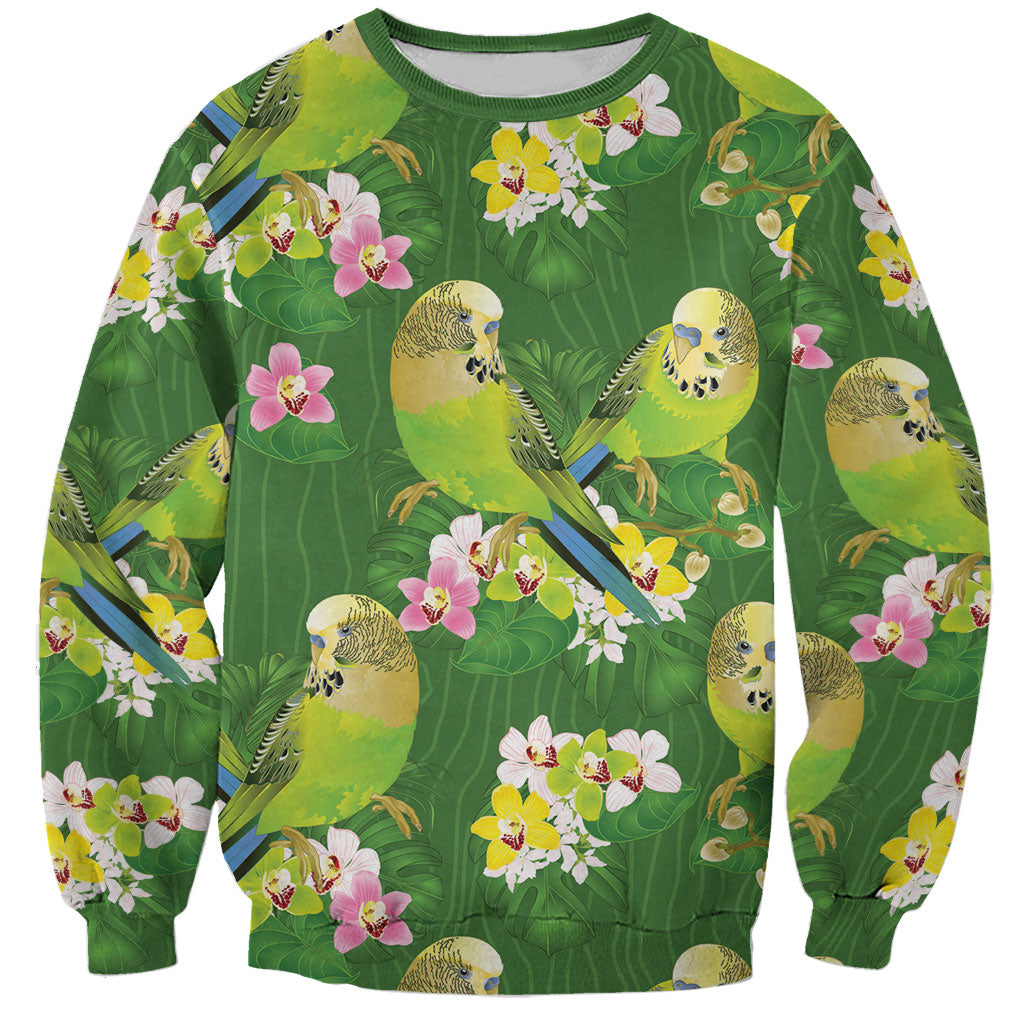 Australia Budgerigars Parakeets Sweatshirt Green And Yellow Bird Seamless Orchids Flowers