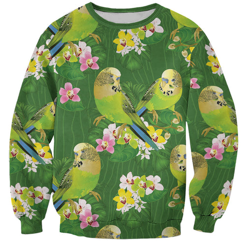 Australia Budgerigars Parakeets Sweatshirt Green And Yellow Bird Seamless Orchids Flowers