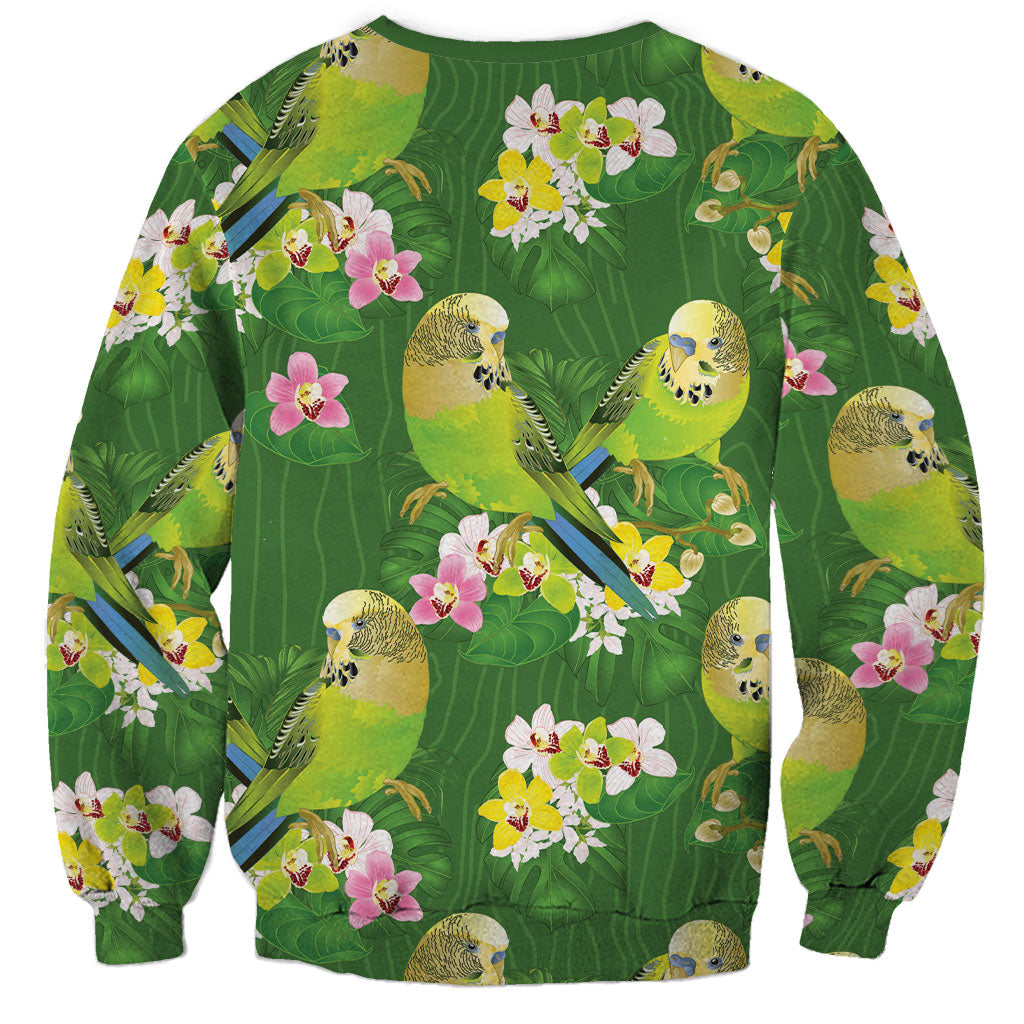 Australia Budgerigars Parakeets Sweatshirt Green And Yellow Bird Seamless Orchids Flowers