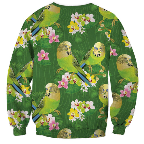 Australia Budgerigars Parakeets Sweatshirt Green And Yellow Bird Seamless Orchids Flowers