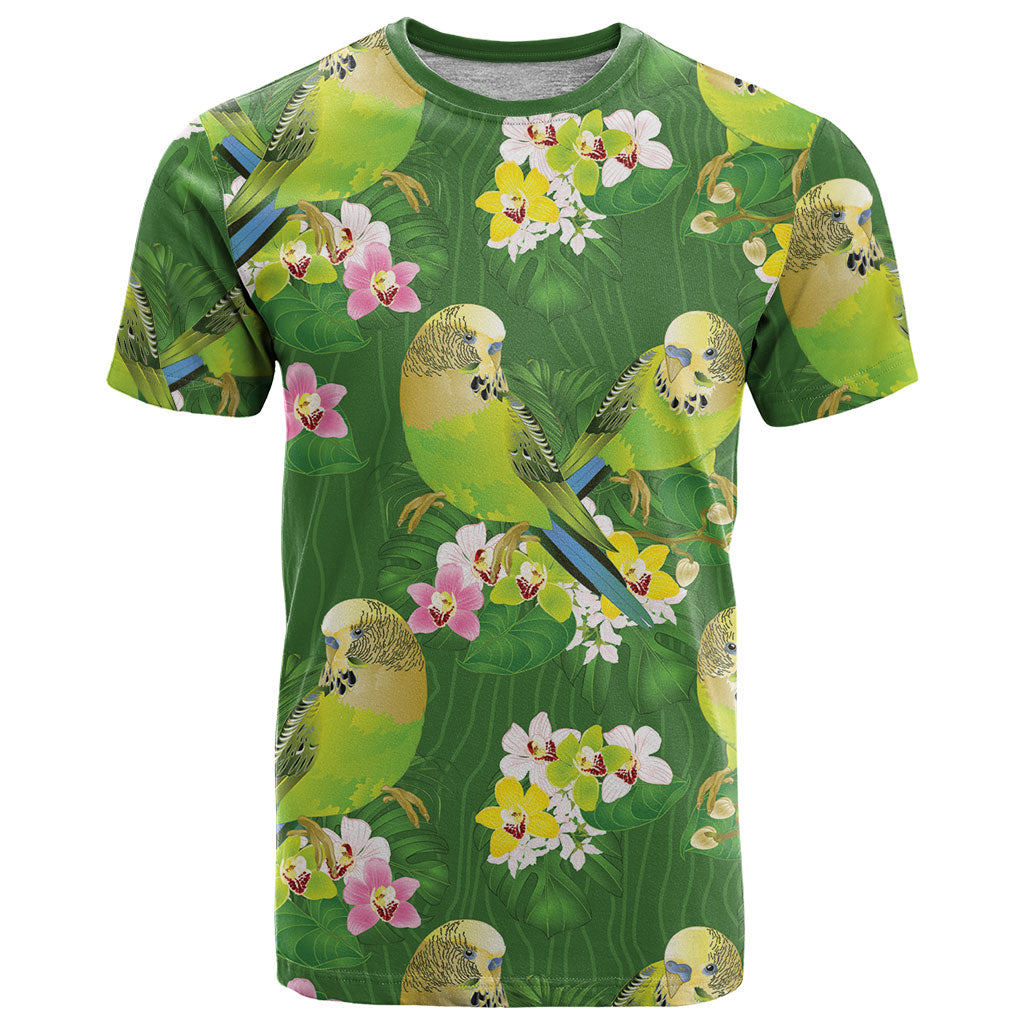 Australia Budgerigars Parakeets T Shirt Green And Yellow Bird Seamless Orchids Flowers