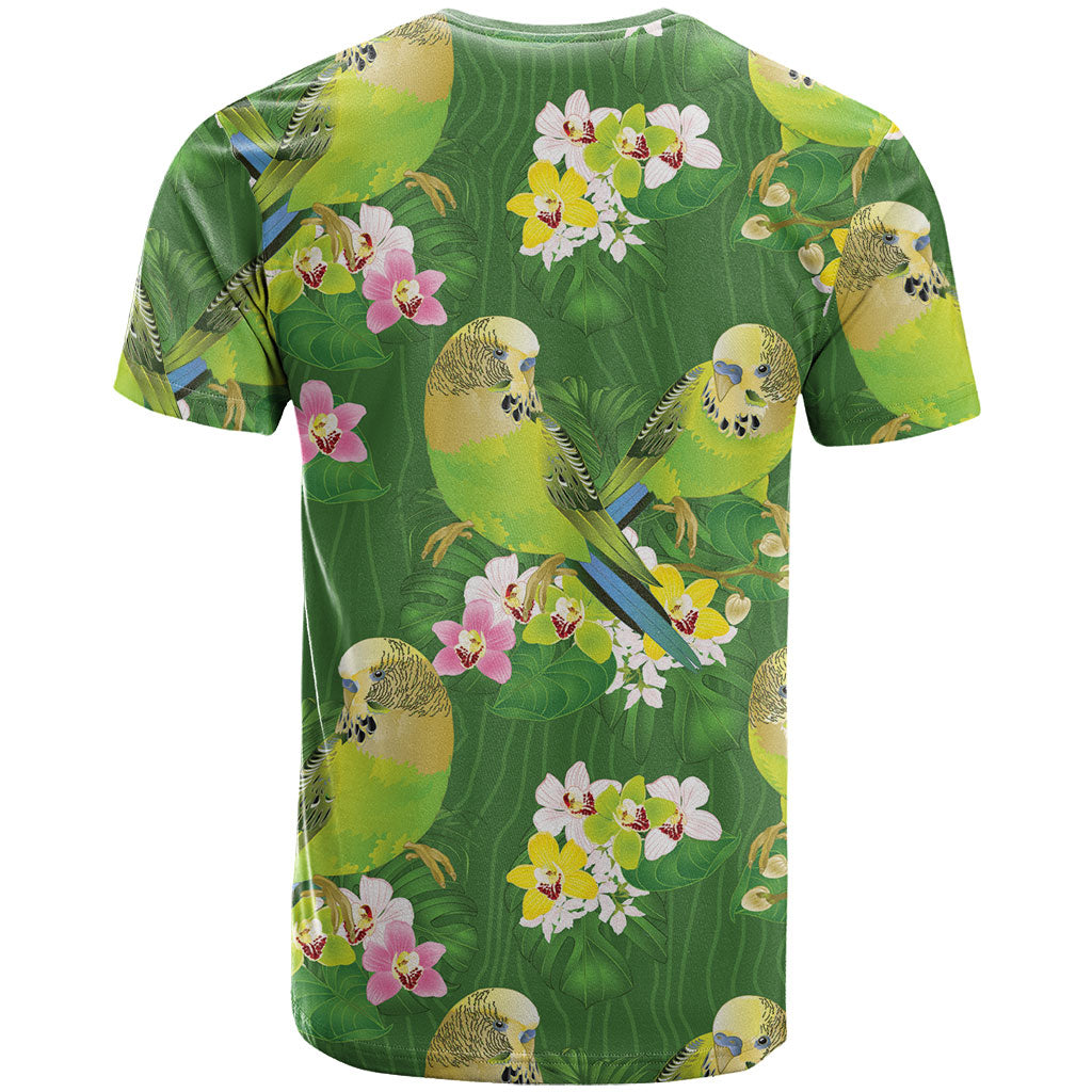 Australia Budgerigars Parakeets T Shirt Green And Yellow Bird Seamless Orchids Flowers