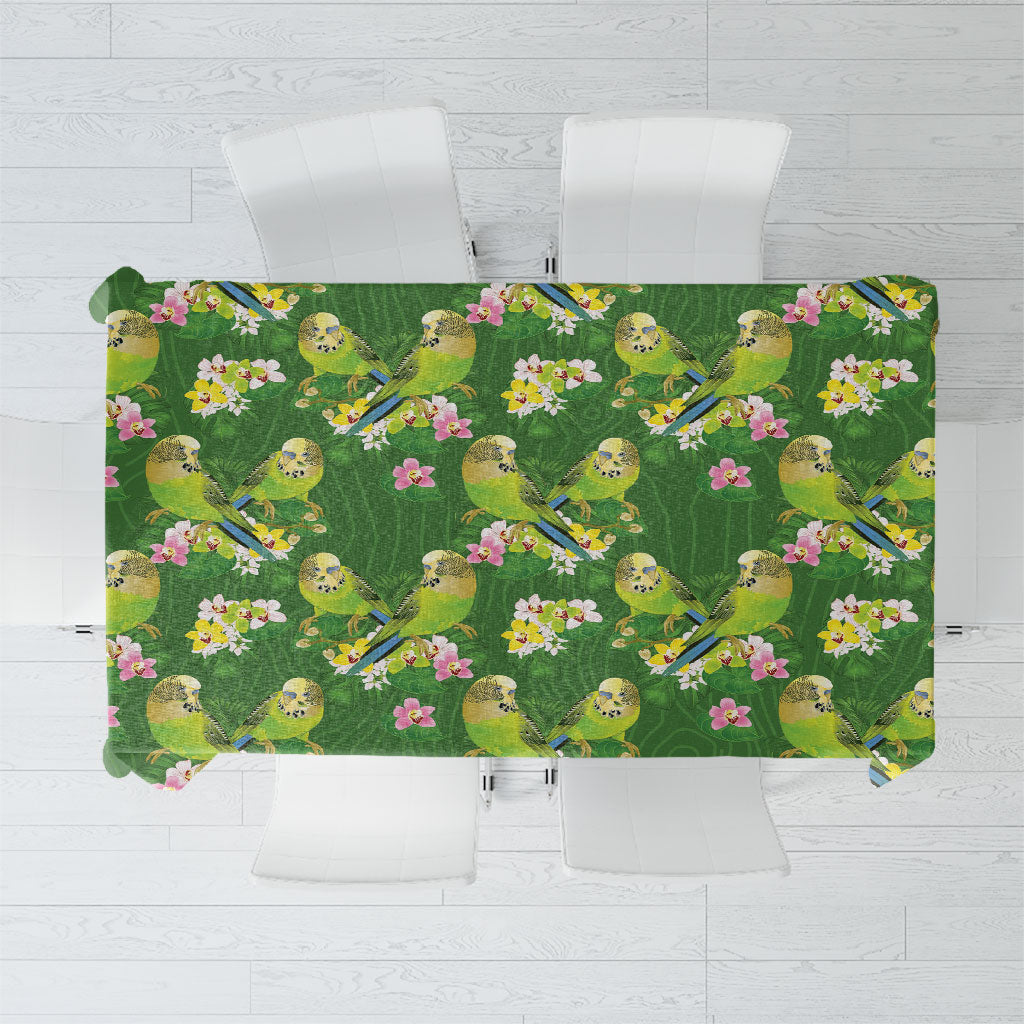Australia Budgerigars Parakeets Tablecloth Green And Yellow Bird Seamless Orchids Flowers