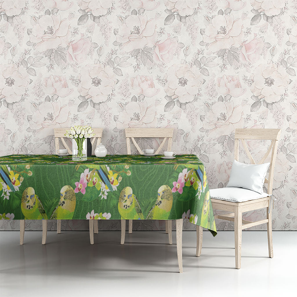 Australia Budgerigars Parakeets Tablecloth Green And Yellow Bird Seamless Orchids Flowers