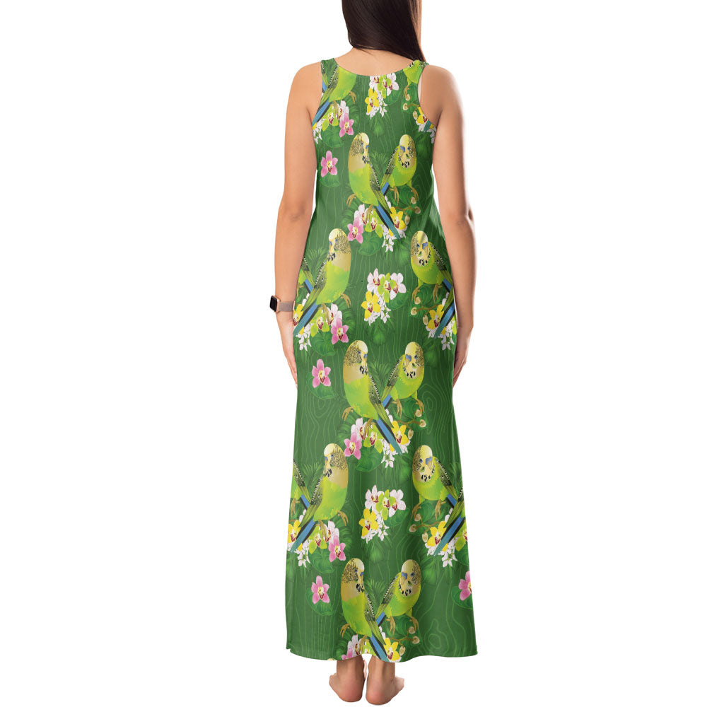 Australia Budgerigars Parakeets Tank Maxi Dress Green And Yellow Bird Seamless Orchids Flowers