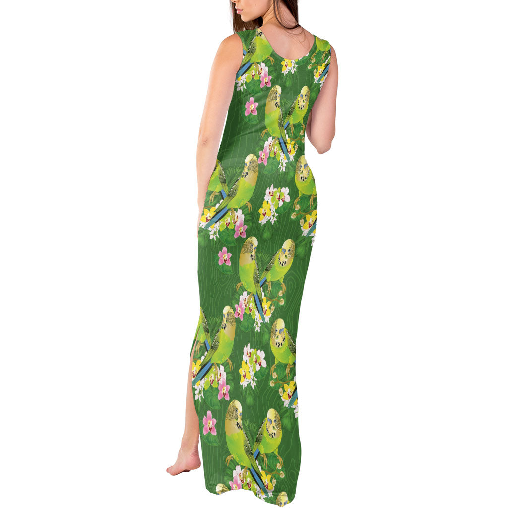 Australia Budgerigars Parakeets Tank Maxi Dress Green And Yellow Bird Seamless Orchids Flowers