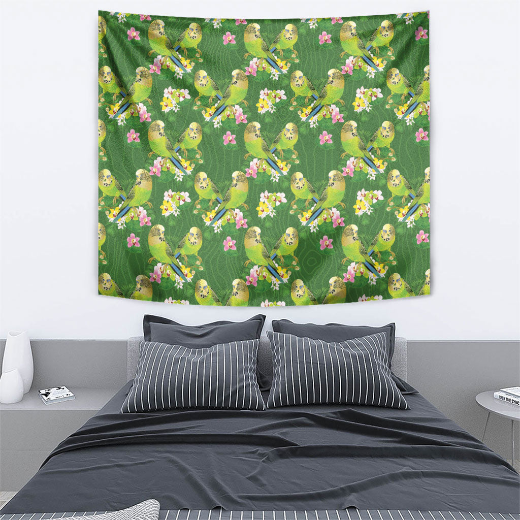 Australia Budgerigars Parakeets Tapestry Green And Yellow Bird Seamless Orchids Flowers