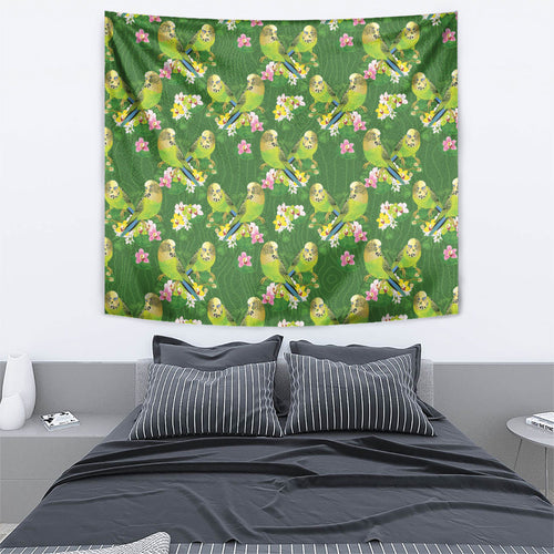 Australia Budgerigars Parakeets Tapestry Green And Yellow Bird Seamless Orchids Flowers
