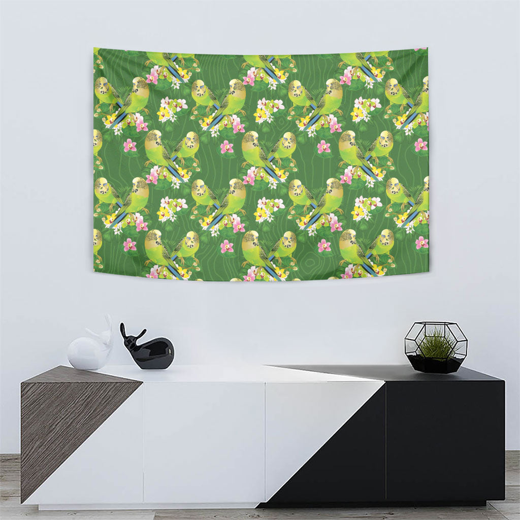 Australia Budgerigars Parakeets Tapestry Green And Yellow Bird Seamless Orchids Flowers