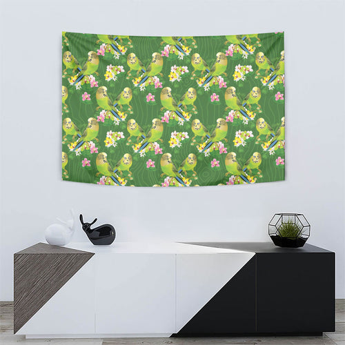 Australia Budgerigars Parakeets Tapestry Green And Yellow Bird Seamless Orchids Flowers