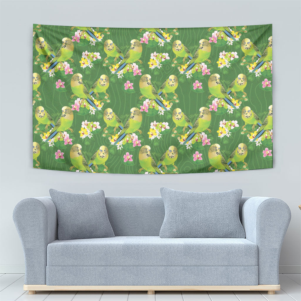 Australia Budgerigars Parakeets Tapestry Green And Yellow Bird Seamless Orchids Flowers