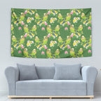 Australia Budgerigars Parakeets Tapestry Green And Yellow Bird Seamless Orchids Flowers
