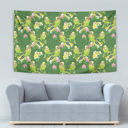 Australia Budgerigars Parakeets Tapestry Green And Yellow Bird Seamless Orchids Flowers