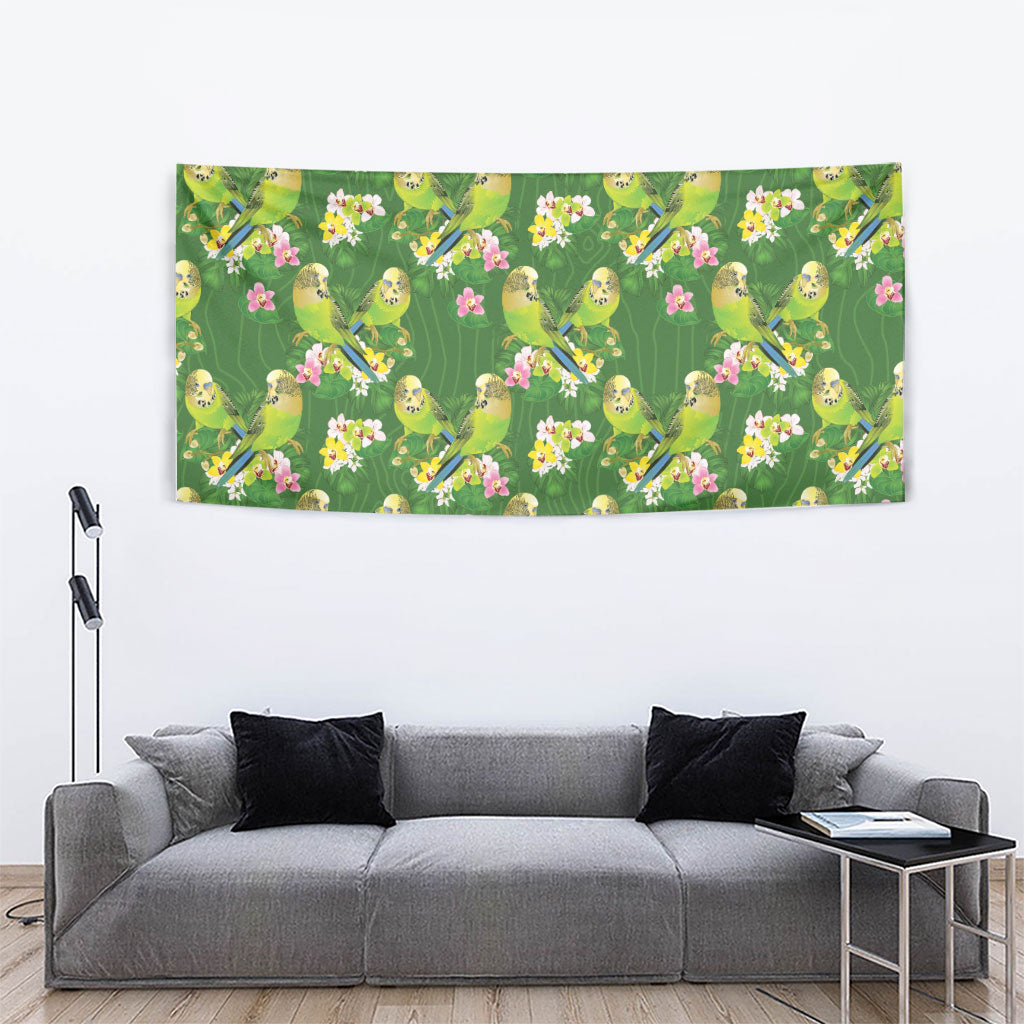 Australia Budgerigars Parakeets Tapestry Green And Yellow Bird Seamless Orchids Flowers