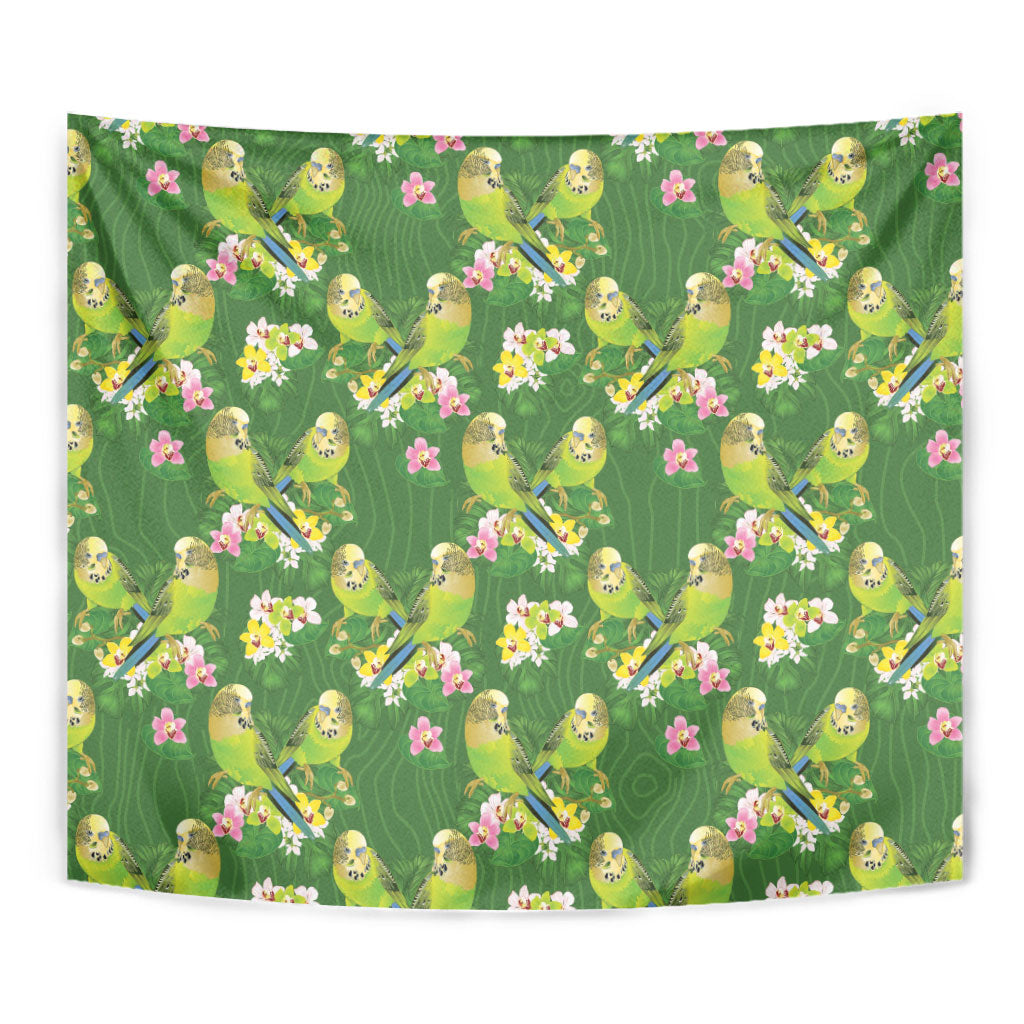 Australia Budgerigars Parakeets Tapestry Green And Yellow Bird Seamless Orchids Flowers