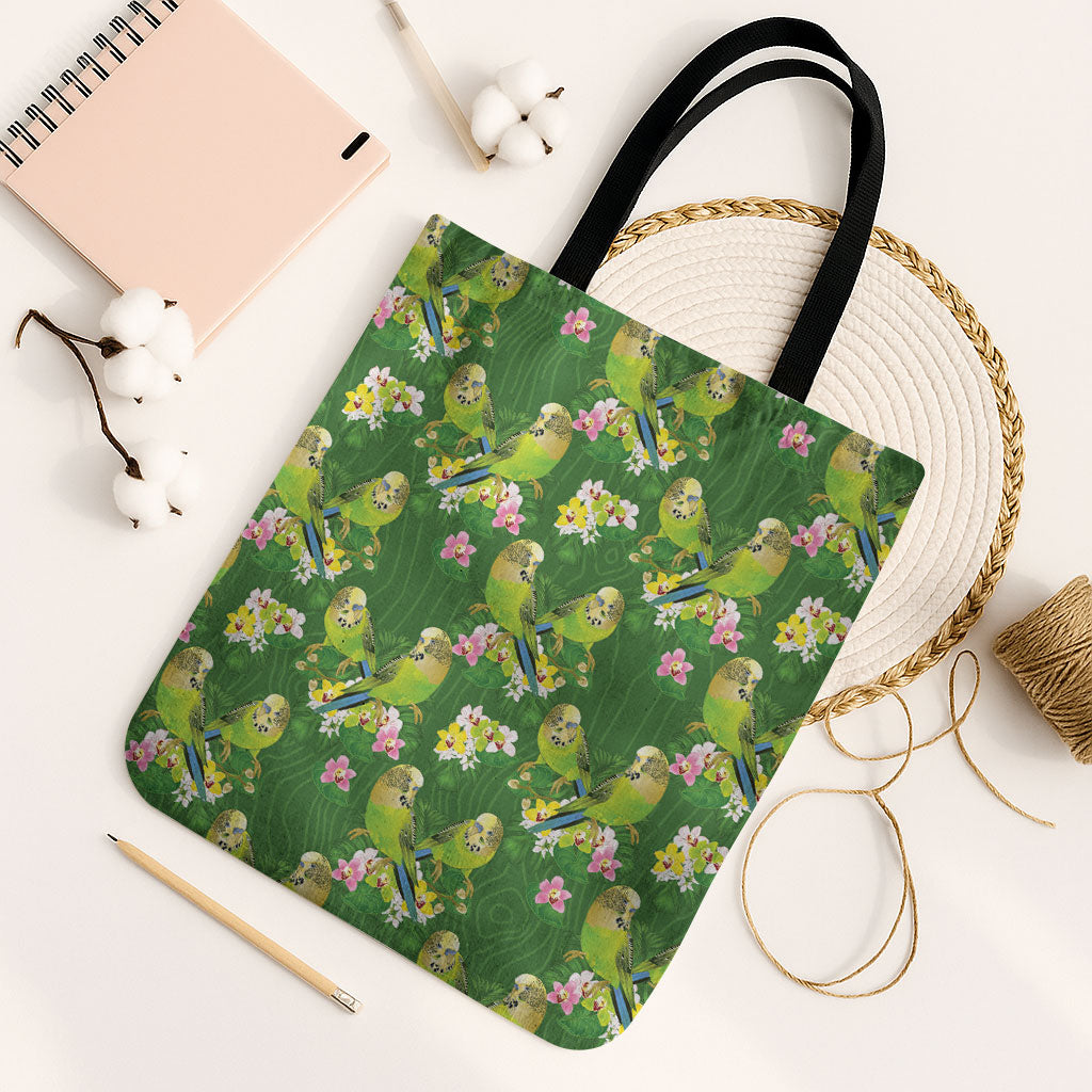 Australia Budgerigars Parakeets Tote Bag Green And Yellow Bird Seamless Orchids Flowers