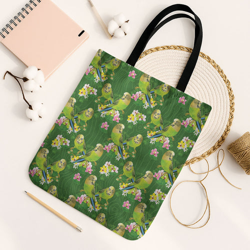 Australia Budgerigars Parakeets Tote Bag Green And Yellow Bird Seamless Orchids Flowers