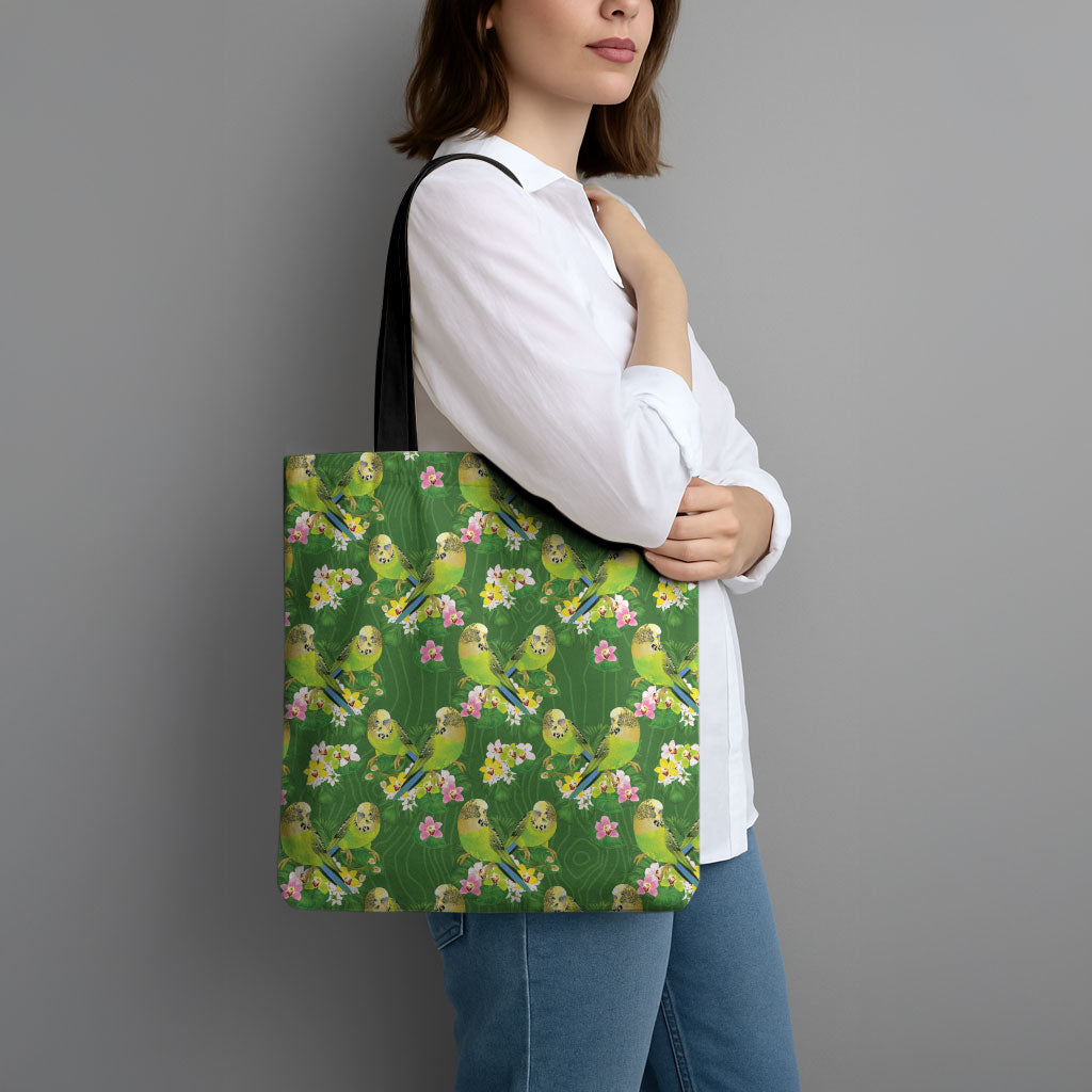 Australia Budgerigars Parakeets Tote Bag Green And Yellow Bird Seamless Orchids Flowers