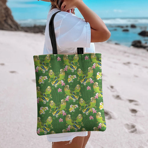 Australia Budgerigars Parakeets Tote Bag Green And Yellow Bird Seamless Orchids Flowers