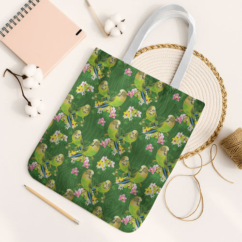 Australia Budgerigars Parakeets Tote Bag Green And Yellow Bird Seamless Orchids Flowers