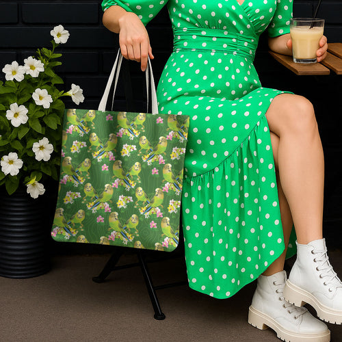 Australia Budgerigars Parakeets Tote Bag Green And Yellow Bird Seamless Orchids Flowers
