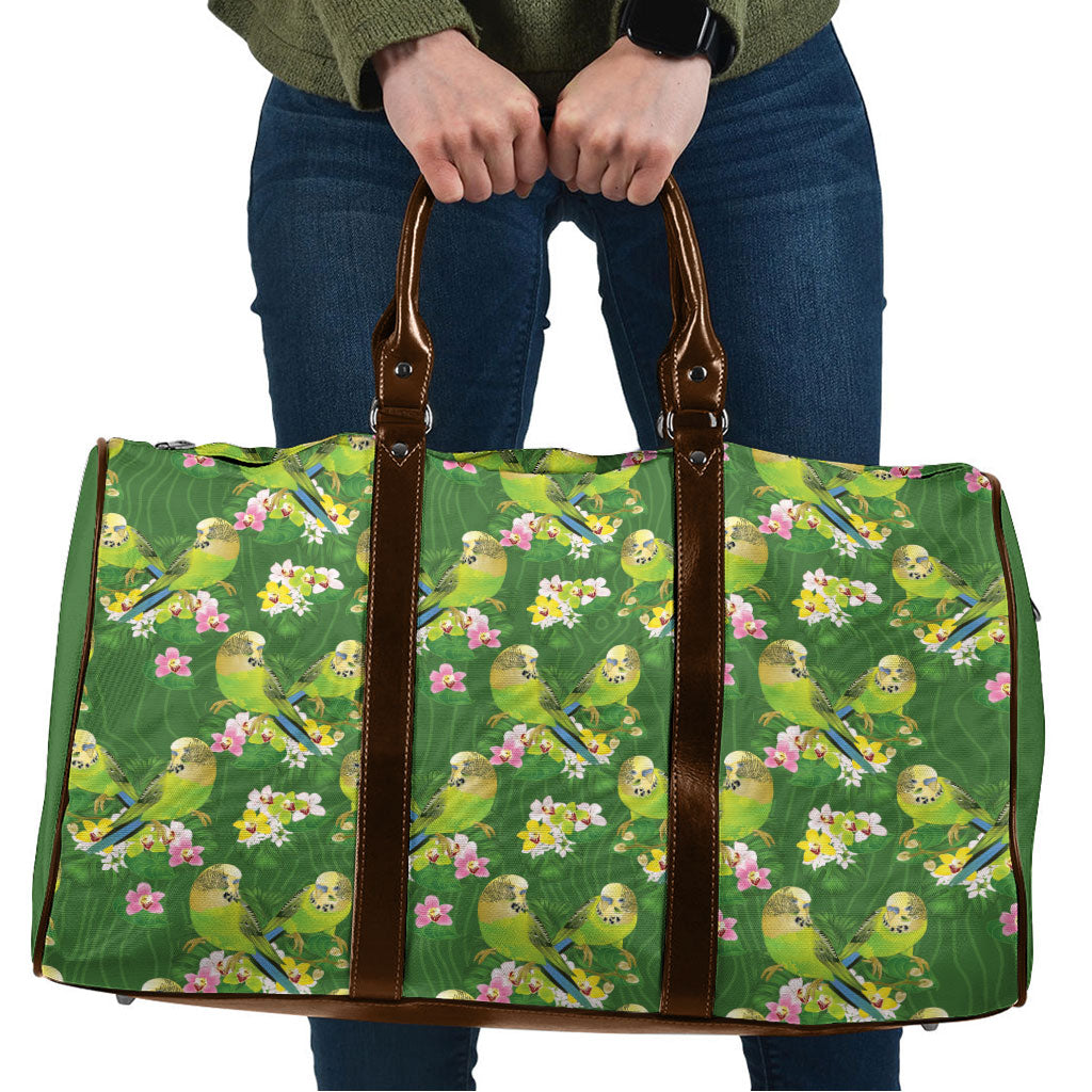 Australia Budgerigars Parakeets Travel Bag Green And Yellow Bird Seamless Orchids Flowers