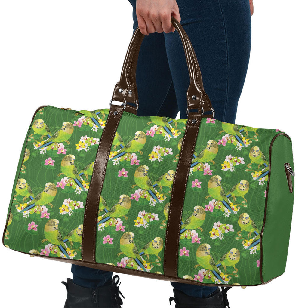 Australia Budgerigars Parakeets Travel Bag Green And Yellow Bird Seamless Orchids Flowers