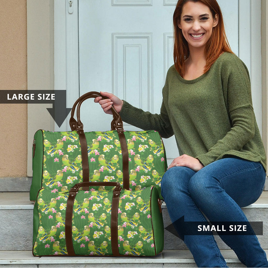 Australia Budgerigars Parakeets Travel Bag Green And Yellow Bird Seamless Orchids Flowers