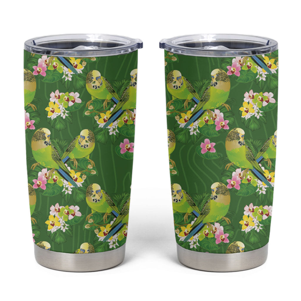 Australia Budgerigars Parakeets Tumbler Cup Green And Yellow Bird Seamless Orchids Flowers