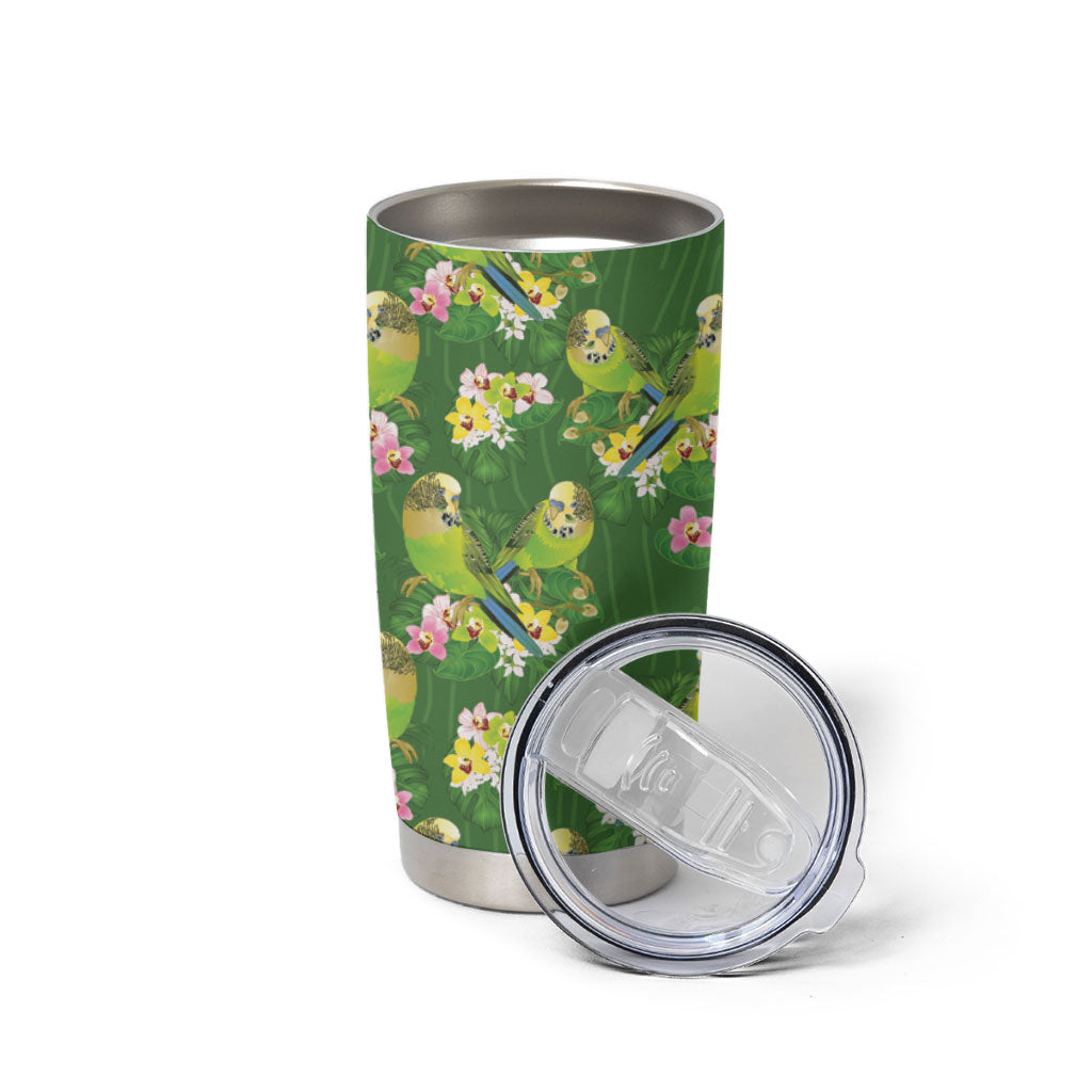 Australia Budgerigars Parakeets Tumbler Cup Green And Yellow Bird Seamless Orchids Flowers