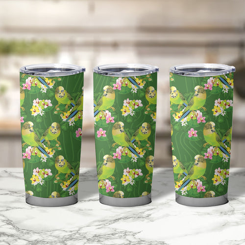 Australia Budgerigars Parakeets Tumbler Cup Green And Yellow Bird Seamless Orchids Flowers