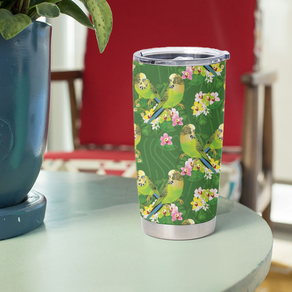 Australia Budgerigars Parakeets Tumbler Cup Green And Yellow Bird Seamless Orchids Flowers