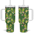 Australia Budgerigars Parakeets Tumbler With Handle Green And Yellow Bird Seamless Orchids Flowers