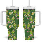 Australia Budgerigars Parakeets Tumbler With Handle Green And Yellow Bird Seamless Orchids Flowers