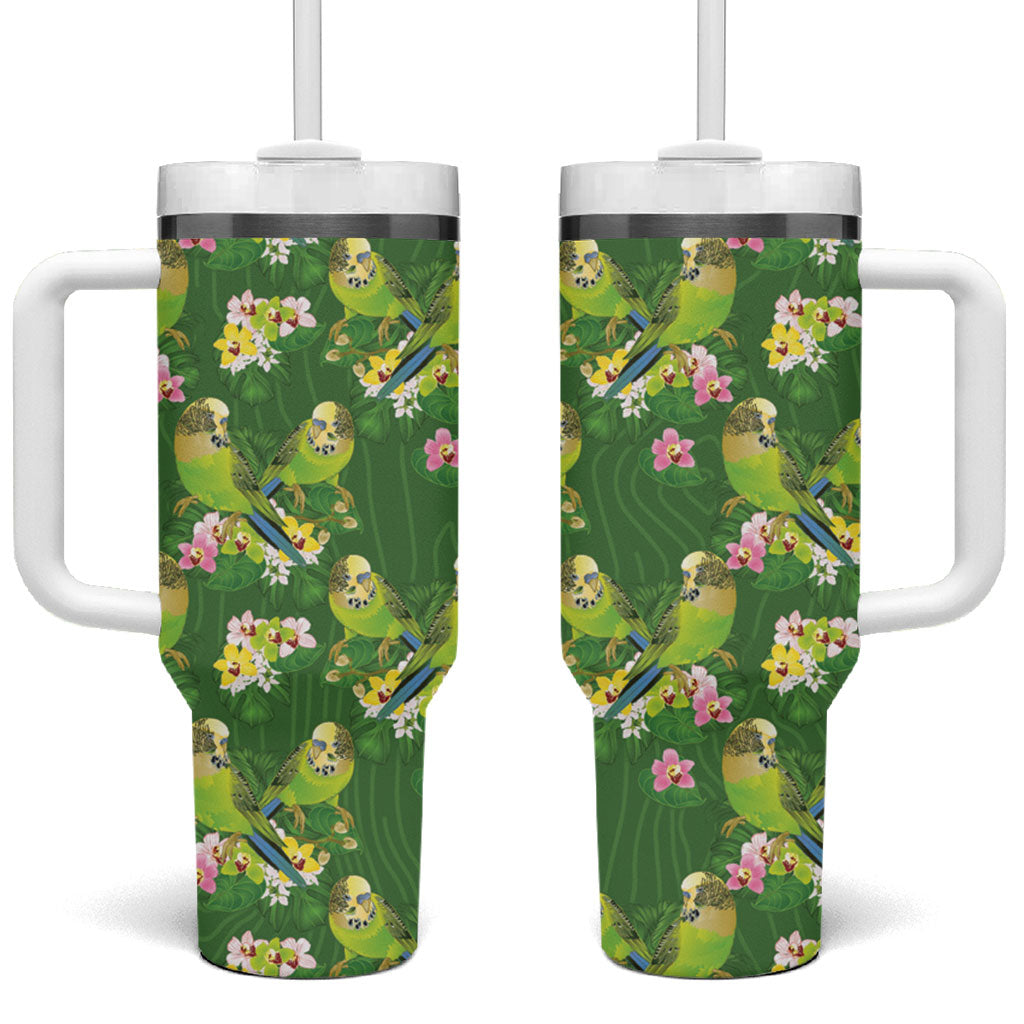 Australia Budgerigars Parakeets Tumbler With Handle Green And Yellow Bird Seamless Orchids Flowers