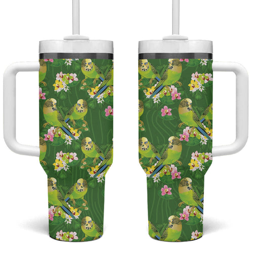 Australia Budgerigars Parakeets Tumbler With Handle Green And Yellow Bird Seamless Orchids Flowers